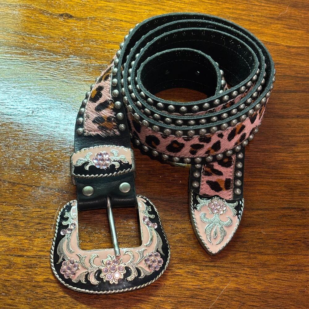 Y2K Pink Leopard Rhinestone Western Belt Studded Heavy Metal Buckle Cowgirl 41"
